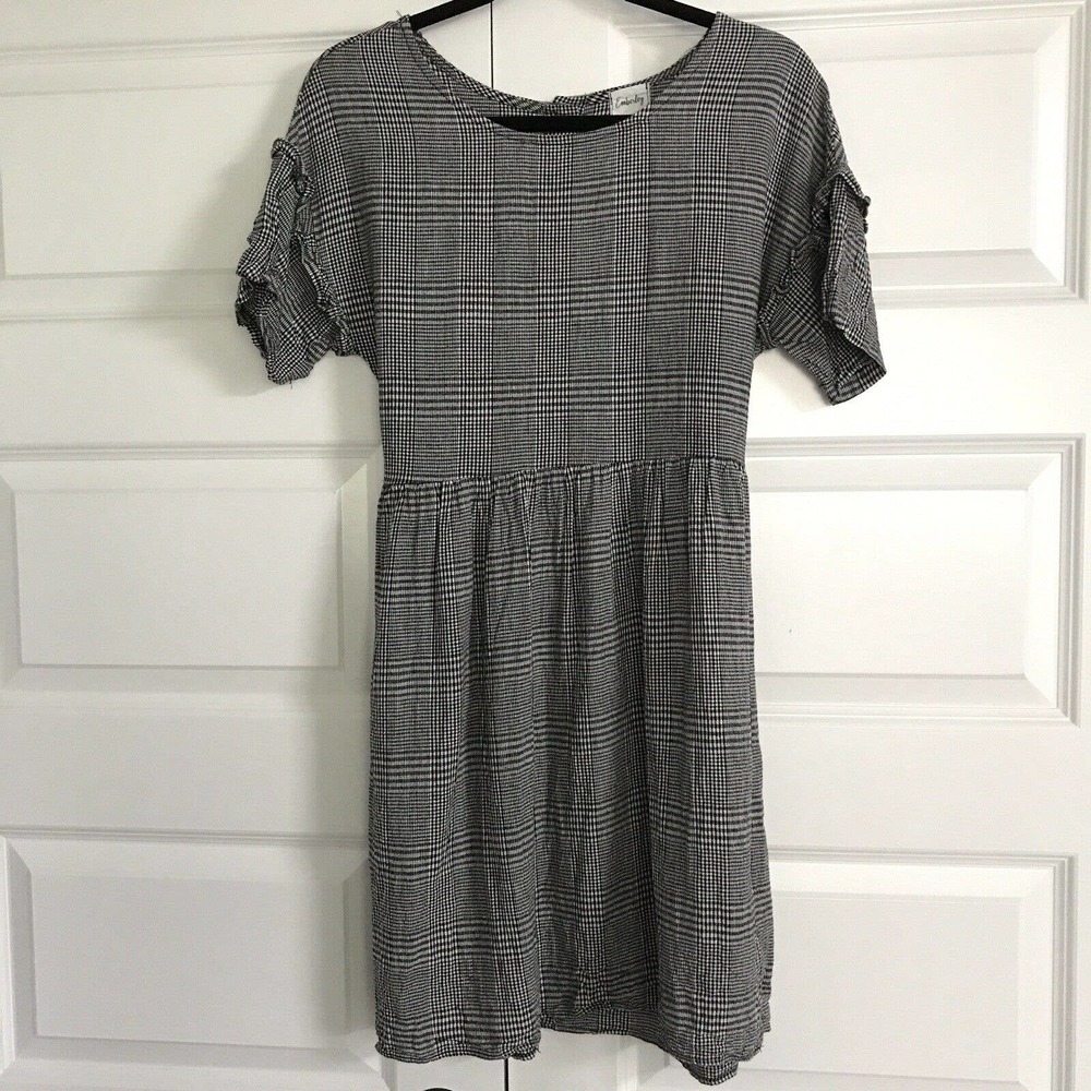 EMBERLEY Womens Checked Plaid Black White Ruffle Sleeve Linen Blend Dress Small